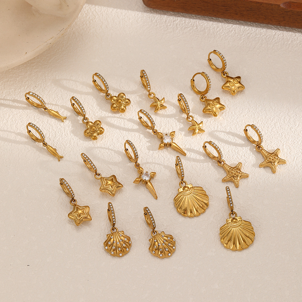 1 Paire De Boucles D'Oreilles Pendantes Oceanic En Acier Inoxydable Étanche Couleur Or Image2