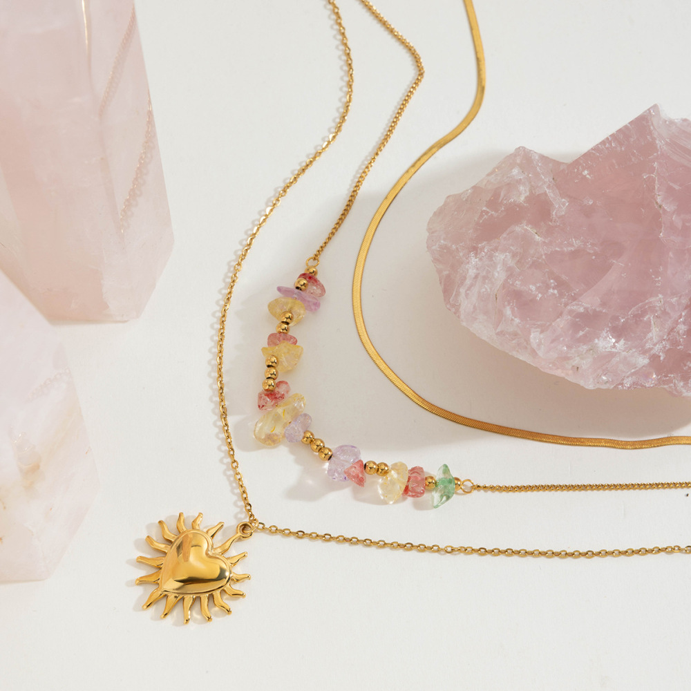 Collier À Plusieurs Rangs Élégant Pour Femme, En Acier Inoxydable Doré, Étanche, Avec Motif Soleil (1 Pièce) Image4