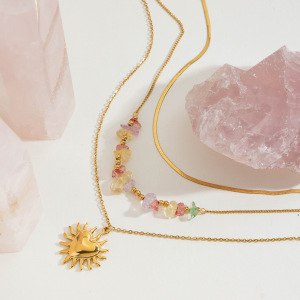 Collier À Plusieurs Rangs Élégant Pour Femme, En Acier Inoxydable Doré, Étanche, Avec Motif Soleil (1 Pièce) h5 Image4