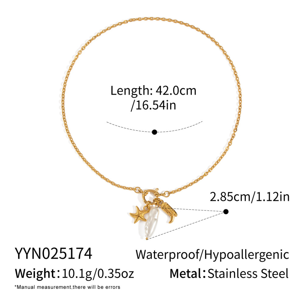 Collier Pendentif En Forme D'Étoile De Mer, En Acier Inoxydable Étanche, Couleur Or, Avec Perle (1 Pièce) 