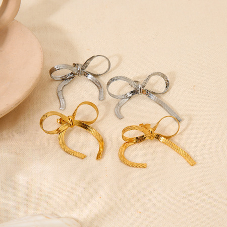 Boucles d'oreilles puces pour femmes, style romantique, nœud papillon, en acier inoxydable étanche.