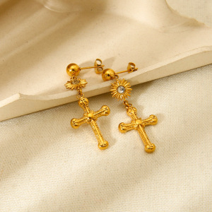 Boucles D'Oreilles Puces Pour Femmes, Style Rétro Croix Classique, En Acier Inoxydable Étanche h5 Image2