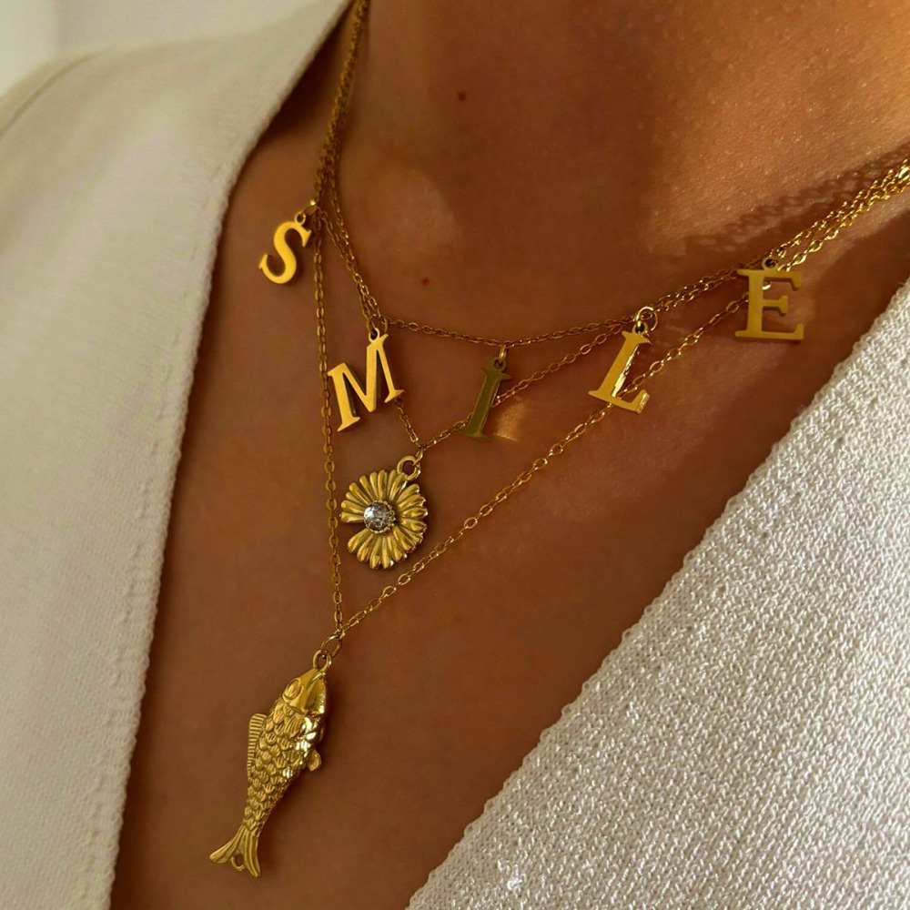 Collier Pendentif En Acier Inoxydable Doré, 1 Pièce, En Forme De Poisson Image2