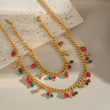 Collier pendentif en acier inoxydable couleur or, étanche, avec pendentif fraise sucrée (1 pièce)