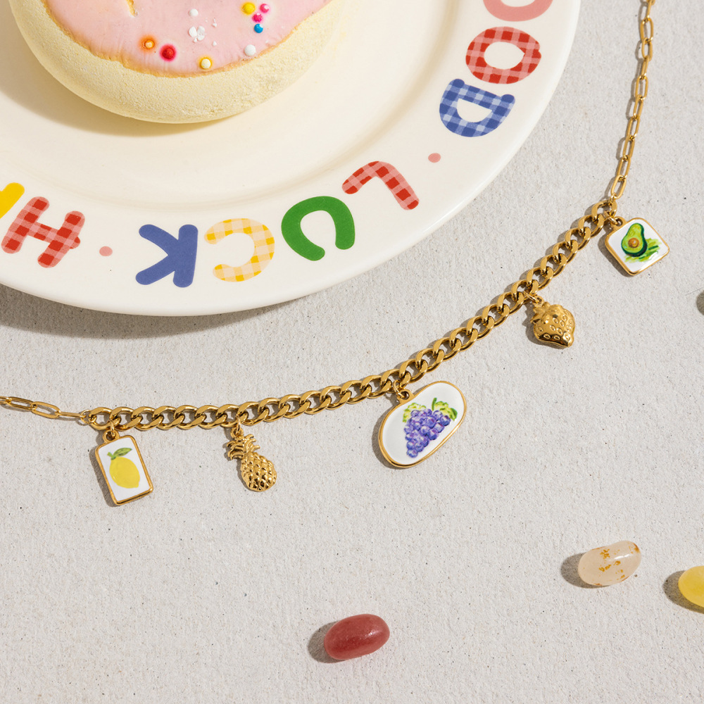 Collier Pendentif Femme En Acier Inoxydable Doré, Motif Fruits Romantiques (1 Pièce) Image7