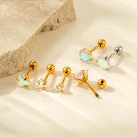 Boucles d'oreilles piercing femme en acier inoxydable transparent brillant en forme de cœur, ornées de zircon et étanches (1 pièce). 2