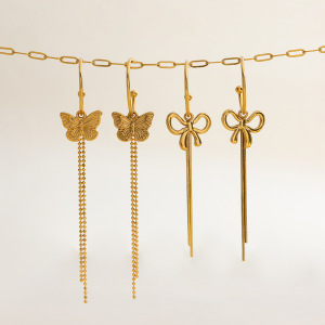 Boucles D'Oreilles Pendantes Pour Femme, Collection Romantique, Avec Pompons Papillon, En Acier Inoxydable Étanche, Couleur Or. h5 Image6