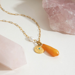 Collier Pendentif Femme En Acier Inoxydable, Pierre Naturelle Irrégulière, Couleur Or, Étanche h5 Image7