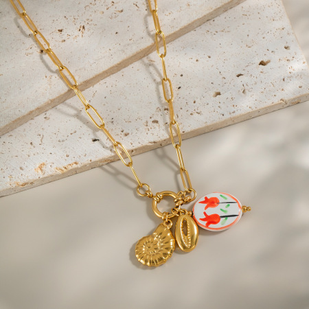 Collier pendentif romantique en acier inoxydable doré, couleur fleur (1 pièce)