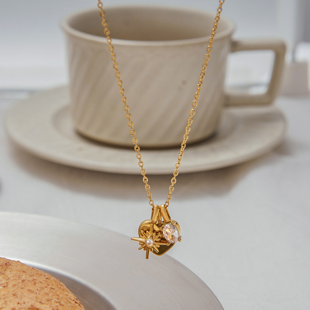 Collier Pendentif Femme En Forme De Cœur, En Acier Inoxydable Étanche, Couleur Or (1 Pièce) Image9