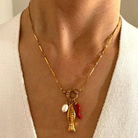 Collier pendentif en acier inoxydable doré, 1 pièce, en forme de poisson