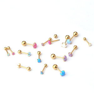 Boucles D'Oreilles Piercing Femme En Acier Inoxydable Doré, Opale Polychrome (1 Pièce) h5 Image6