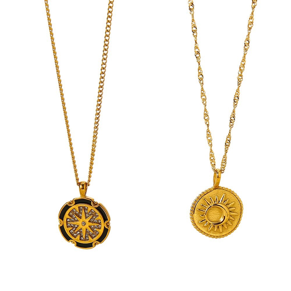 Colliers Pendentifs Rétro Soleil/Lune En Acier Inoxydable Étanche Couleur Or De La Série Classique Image5