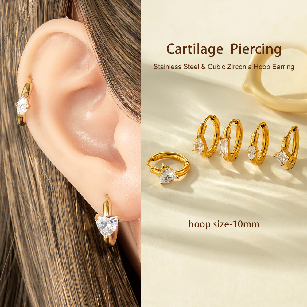 Boucles D'Oreilles Créoles Pour Femme, En Acier Inoxydable Doré, Avec Zircon Et Motif Cœur (1 Pièce). Image5