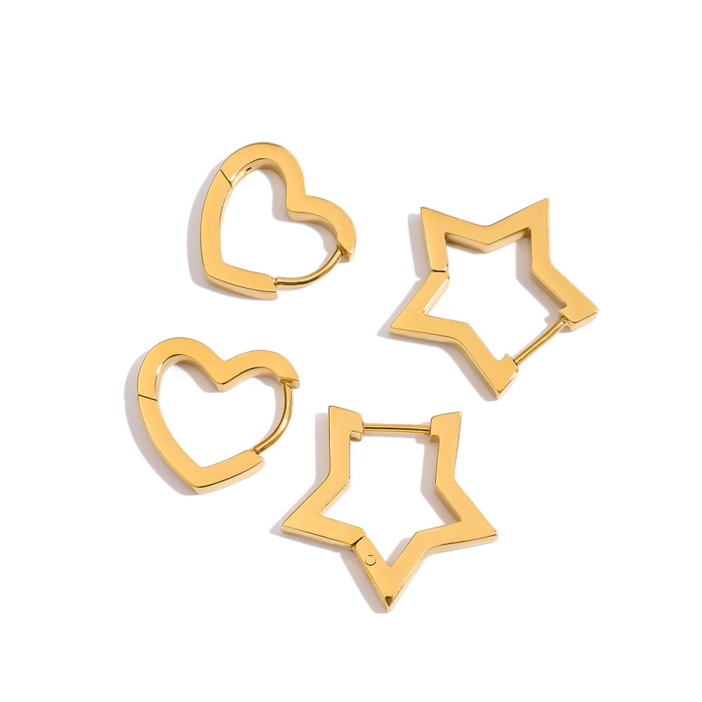 1 Paire De Boucles D'Oreilles Créoles Pour Femme, Collection Simple Series Classic Star, En Acier Inoxydable Étanche, Couleur Or. Image5