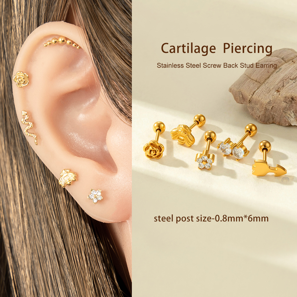 Boucle D'Oreille Piercing Simple En Acier Inoxydable Étanche Couleur Or Avec Zircon (1 Pièce) Image4