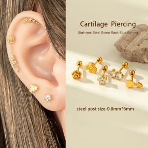 Boucle D'Oreille Piercing Simple En Acier Inoxydable Étanche Couleur Or Avec Zircon (1 Pièce) h5 Image4