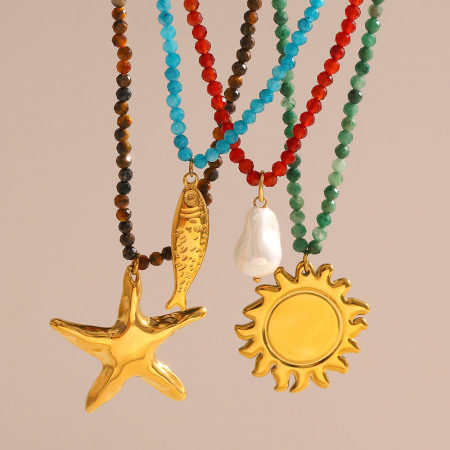 1 paire de colliers pendentifs classiques soleil/lune en acier inoxydable étanche pour femmes, collection Simple Series