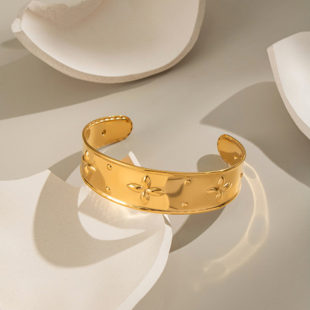 Bracelet manchette en acier inoxydable doré, imperméable, avec motif floral (1 pièce). 2