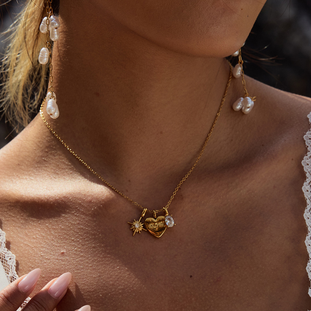 Collier Pendentif Femme En Forme De Cœur, En Acier Inoxydable Étanche, Couleur Or (1 Pièce) Image5