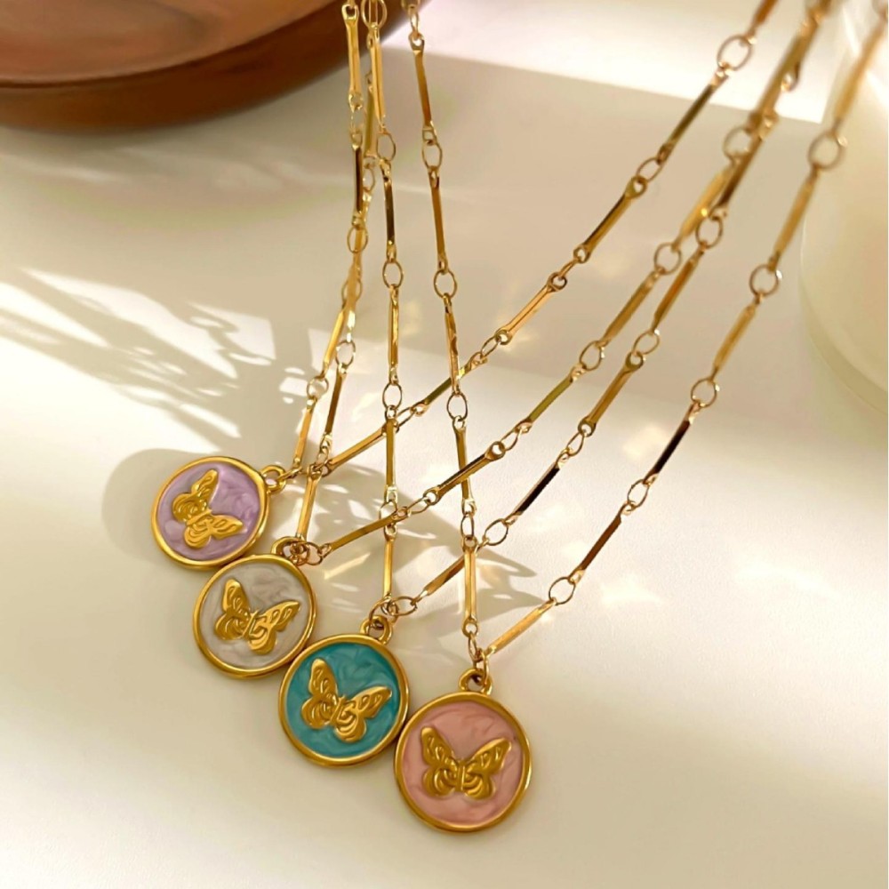 Collier Pendentif Papillon En Acier Inoxydable Émaillé, Couleur Or, Étanche Image4