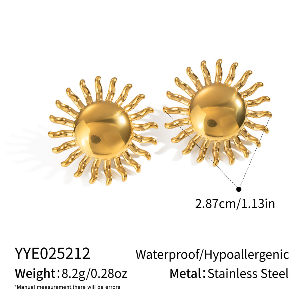 1 Paire De Boucles D'Oreilles À Clous Sun En Acier Inoxydable Étanche Couleur Or 