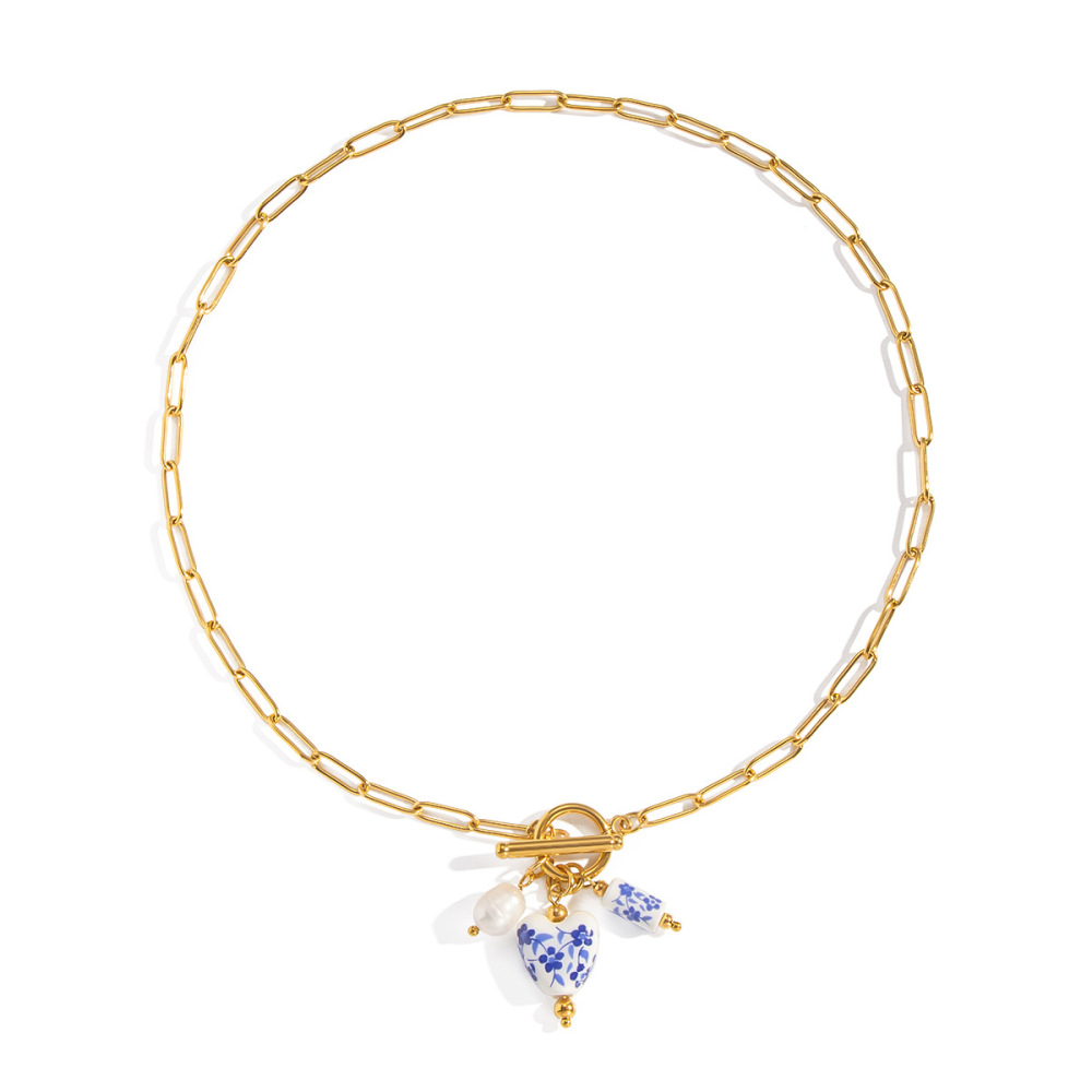 Collier Pendentif En Acier Inoxydable Doré, 1 Pièce, Fleur En Céramique Image5