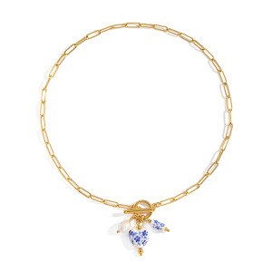 Collier Pendentif En Acier Inoxydable Doré, 1 Pièce, Fleur En Céramique h5 Image5