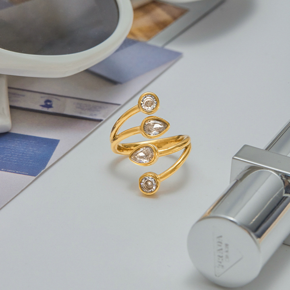 Bague Pour Femme En Acier Inoxydable Doré, Imperméable, Ornée D'Une Pierre Précieuse Et Ornée D'Une Goutte D'Eau. h5Image6