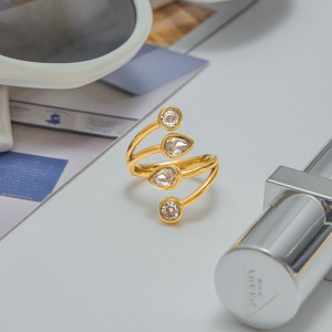 Bague Pour Femme En Acier Inoxydable Doré, Imperméable, Ornée D'Une Pierre Précieuse Et Ornée D'Une Goutte D'Eau. h5 Image6