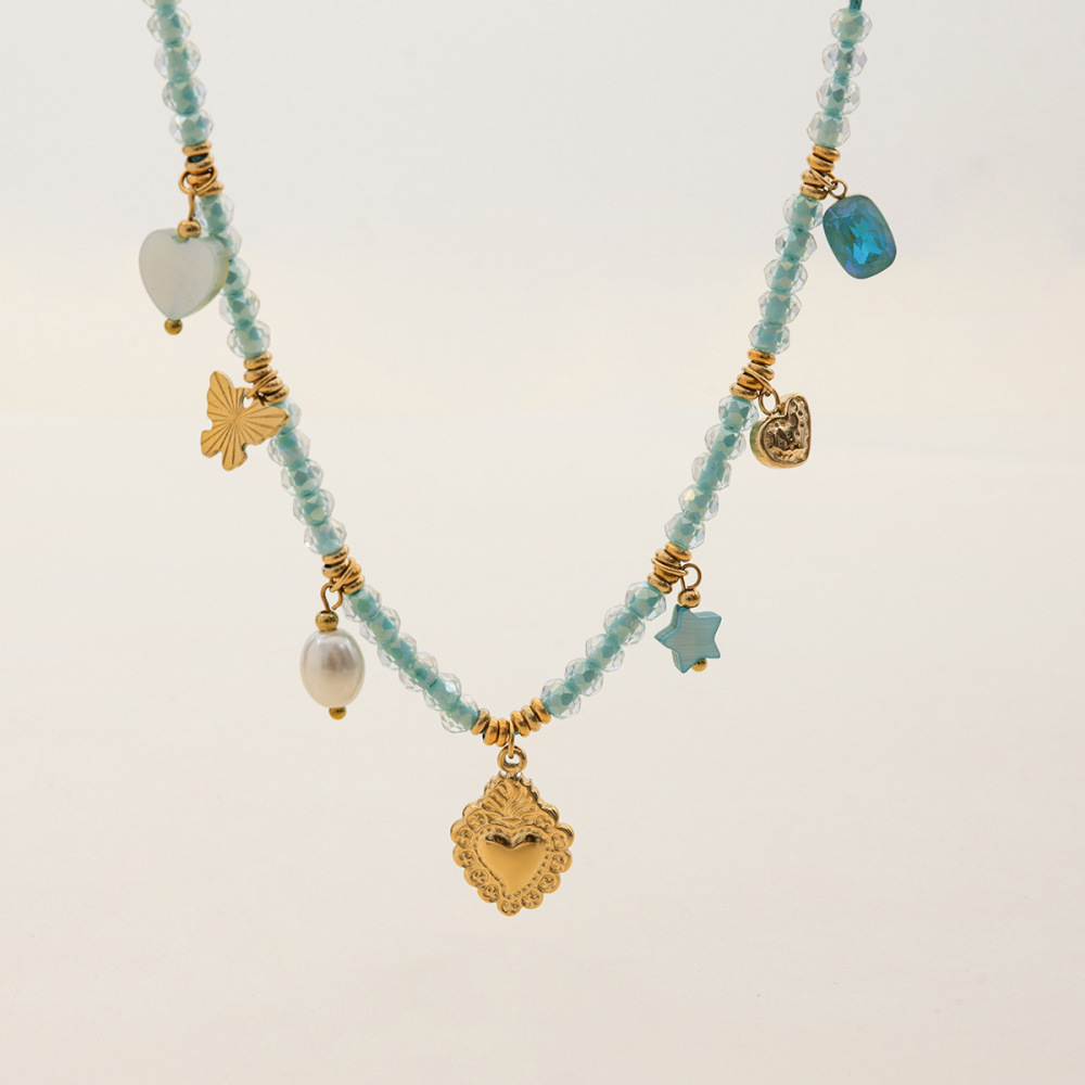 Collier Pendentif Femme En Acier Inoxydable Bleu, Couleur Or, Avec Pendentif Cœur Délicat (1 Pièce) Image7