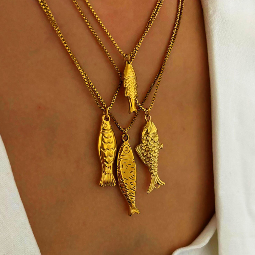 Collier Pendentif En Acier Inoxydable Doré, 1 Pièce, En Forme De Poisson Image3