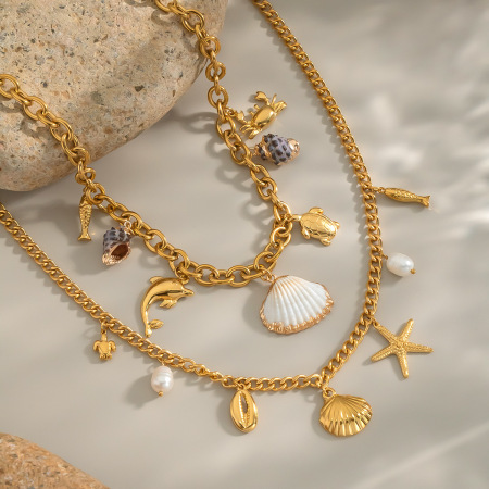 Collier pendentif coquillage en acier inoxydable étanche couleur or (1 pièce) 2