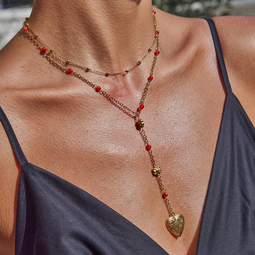 Collier Superposé Sophistiqué En Acier Inoxydable, Couleur Or, Avec Pendentif Cœur (1 Pièce) h5Image2