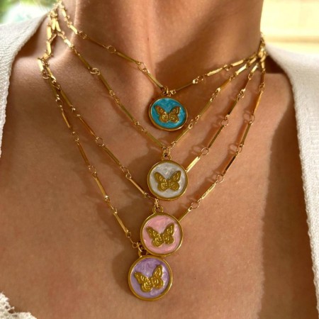 Collier pendentif papillon en acier inoxydable émaillé, couleur or, étanche