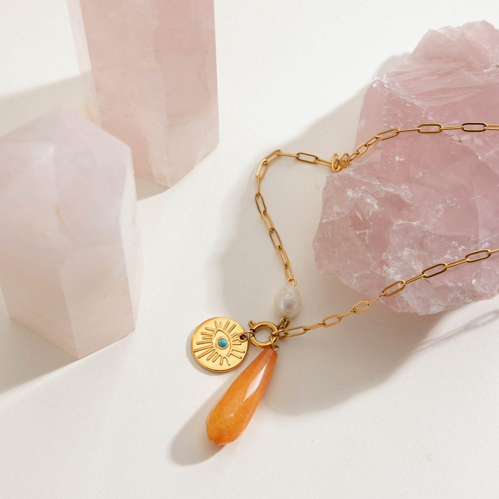 Collier Pendentif Femme En Acier Inoxydable, Pierre Naturelle Irrégulière, Couleur Or, Étanche Image6