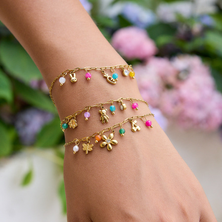 Bracelet à breloques pour femme, collection colorée, élégant, à motif floral, en acier inoxydable étanche, couleur or (1 pièce).