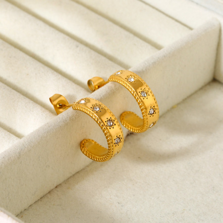1 paire de boucles d'oreilles créoles pour femme, en acier inoxydable imperméable, ornées de zircon et de la série rétro classique Star