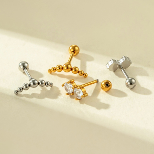 Boucle D'Oreille Piercing Simple En Acier Inoxydable Étanche Couleur Or Avec Zircon (1 Pièce) h5 Image3