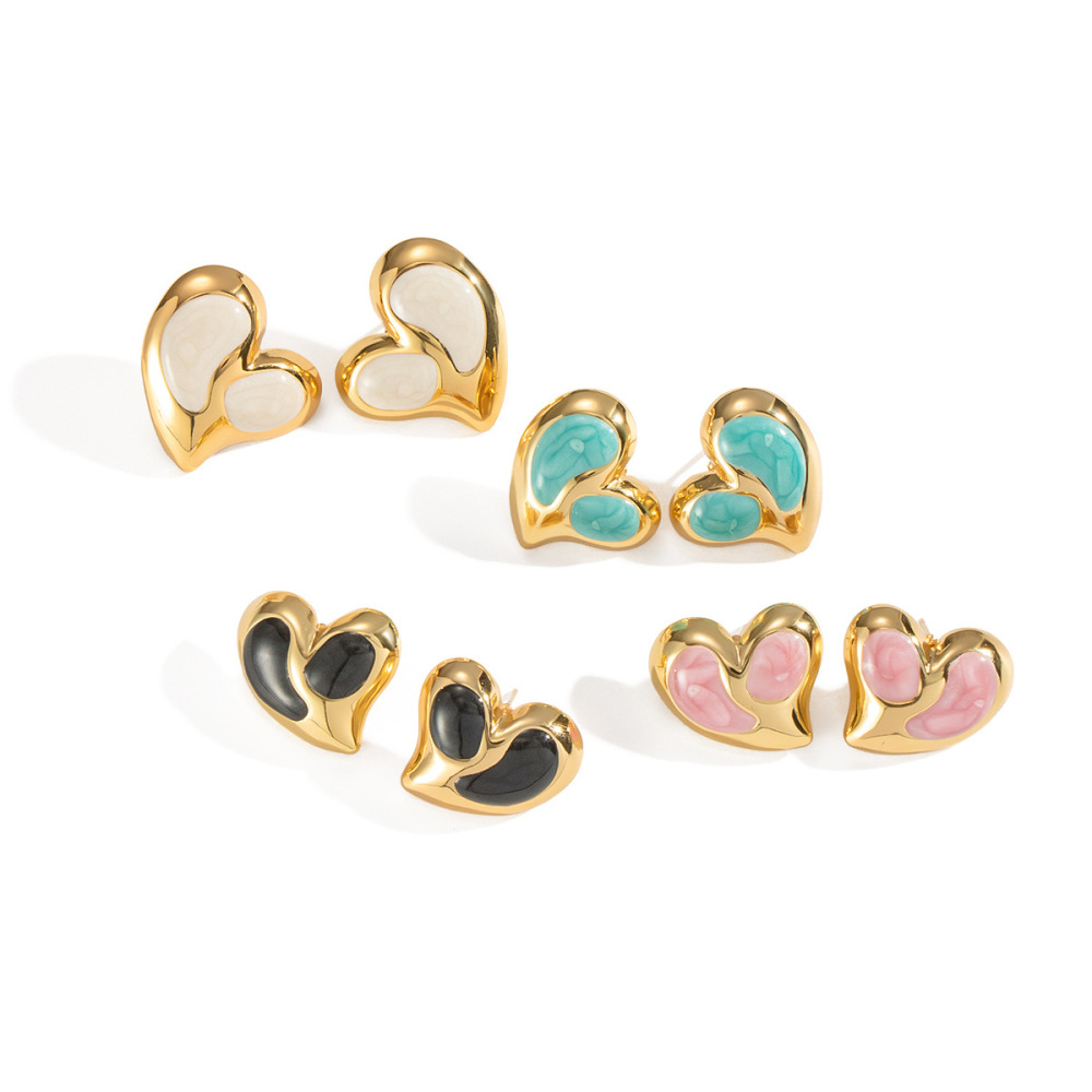 1 Paire De Boucles D'Oreilles Puces En Acier Inoxydable Émaillé Doré, En Forme De Cœur h5Image4