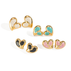 1 Paire De Boucles D'Oreilles Puces En Acier Inoxydable Émaillé Doré, En Forme De Cœur h5 Image4