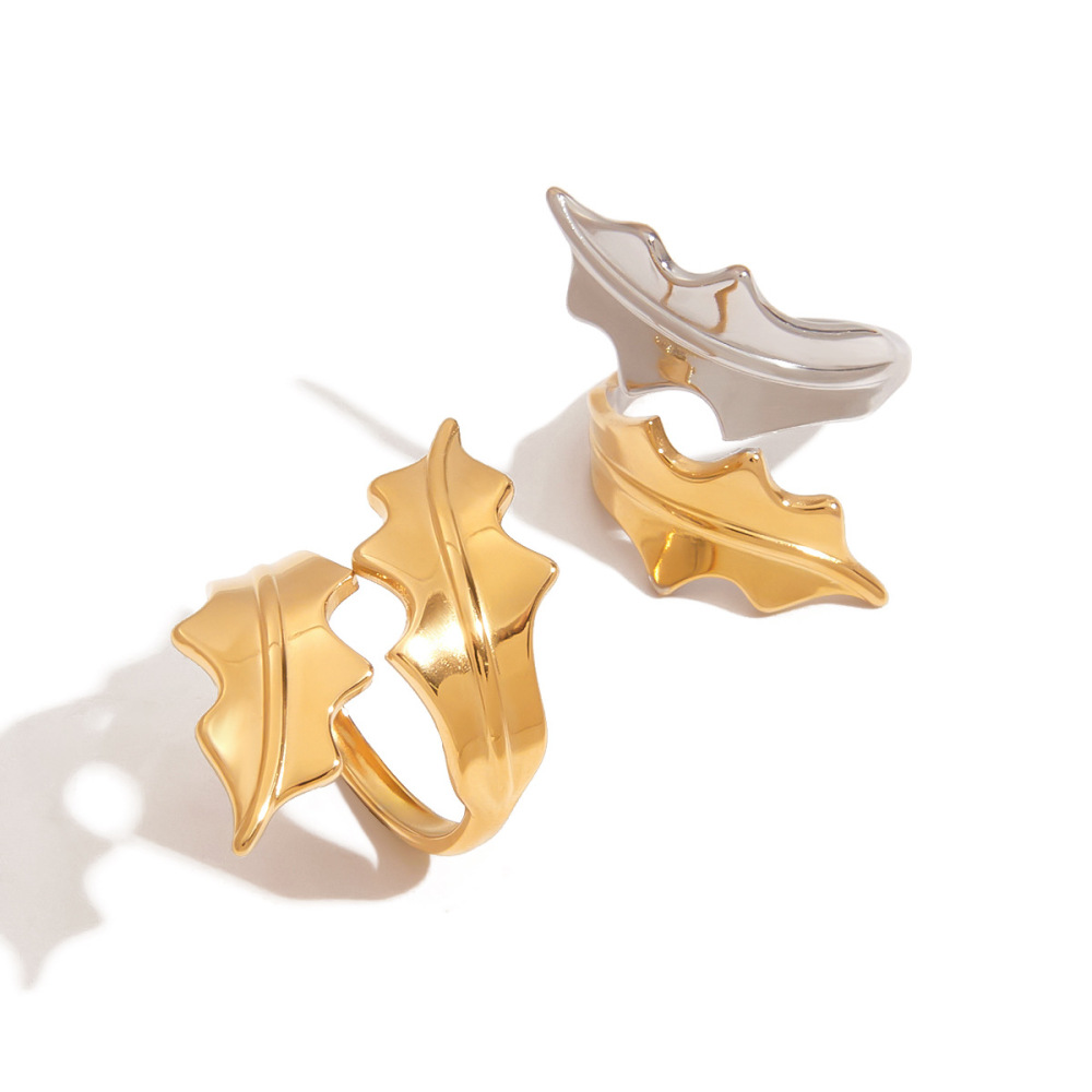 Bague Tendance En Acier Inoxydable Doré, Couleur Feuille Naturelle, 1 Pièce, Collection Designable. h5Image7