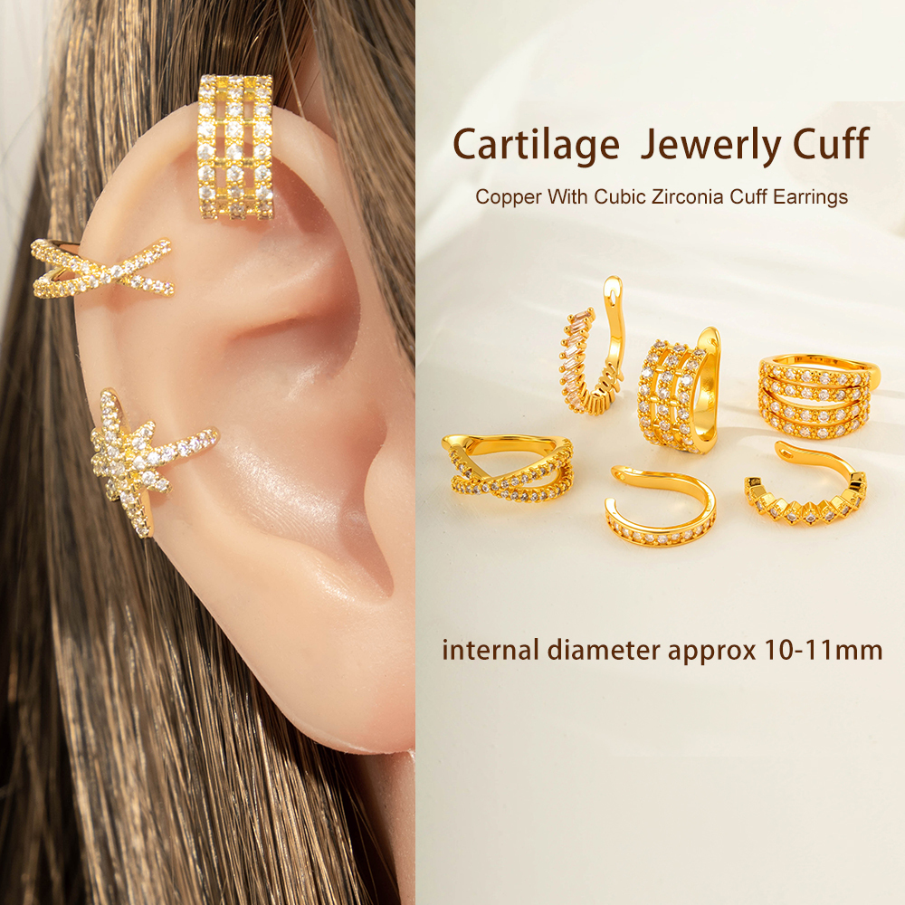 Boucle D'Oreille Manchette Simple Géométrique En Cuivre Doré Avec Zircon (1 Pièce) h5Image4