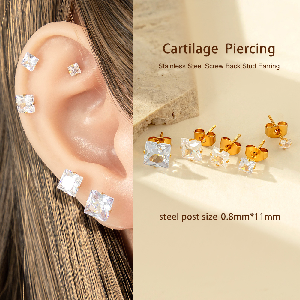 Boucle D'Oreille Piercing Simple En Acier Inoxydable Étanche Couleur Or Avec Zircon (1 Pièce) Image4