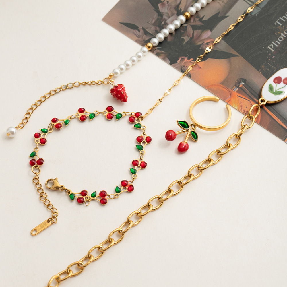Bracelet À Breloques Pour Femme, 1 Pièce, Motif Fruits Mignons Et Éclatants, En Acier Inoxydable Étanche, Couleur Or Image6