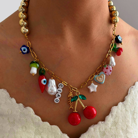 Collier pendentif en acier inoxydable doré, couleur cerise, 1 pièce