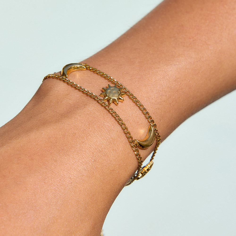 Bracelet Chaîne Femme Rétro Soleil Et Lune En Acier Inoxydable Étanche Couleur Or (1 Pièce) Image3