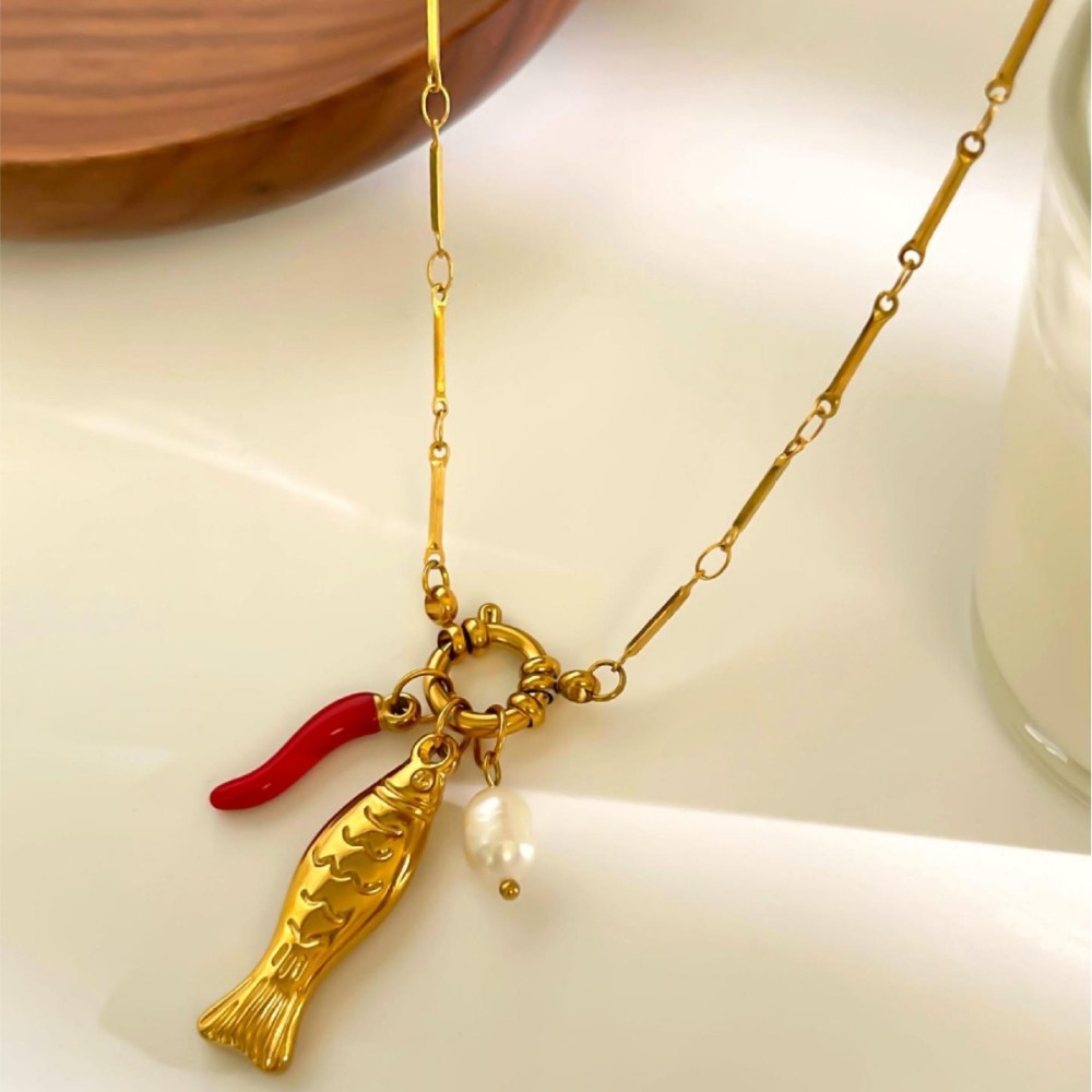 Collier Pendentif En Acier Inoxydable Doré, 1 Pièce, En Forme De Poisson Image3