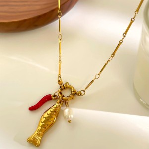 Collier Pendentif En Acier Inoxydable Doré, 1 Pièce, En Forme De Poisson h5 Image3
