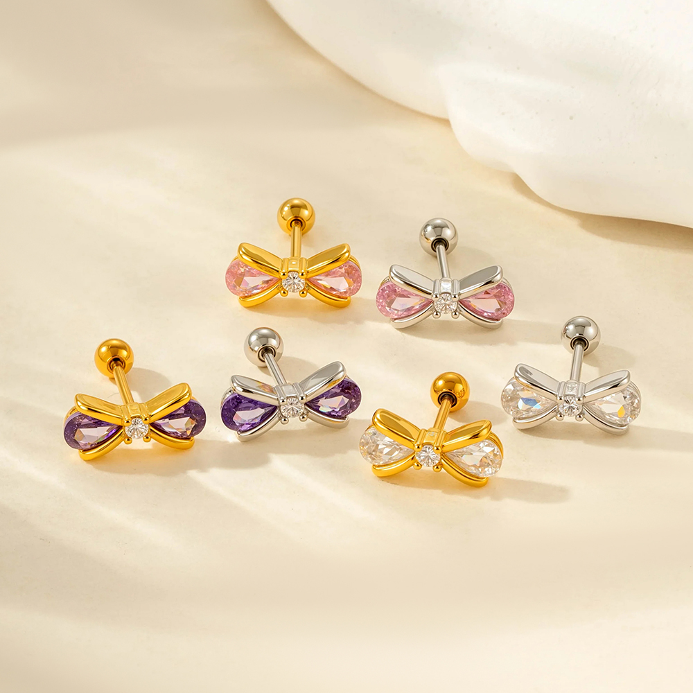 Boucles D'Oreilles À Tige En Acier Titane Et Zircon Pour Femme, 1 Pièce, Nœud Brillant Image4